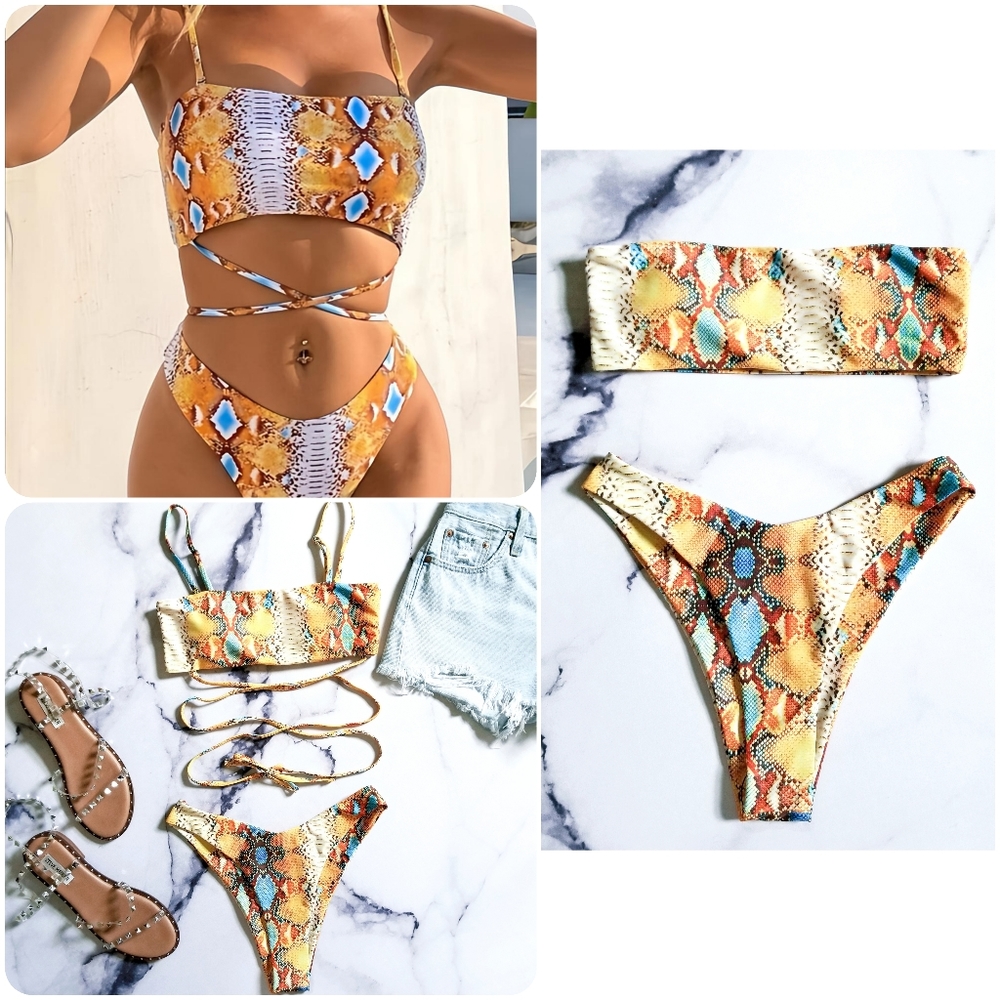 NWT Snake Print Strappy Bikini Top High Leg Cheeky Bikini Bottom Two-piece Set